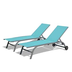 2-Piece Gray Metal Outdoor Chaise Lounge with Blue Seats, Wheels, 5 Adjustable Position