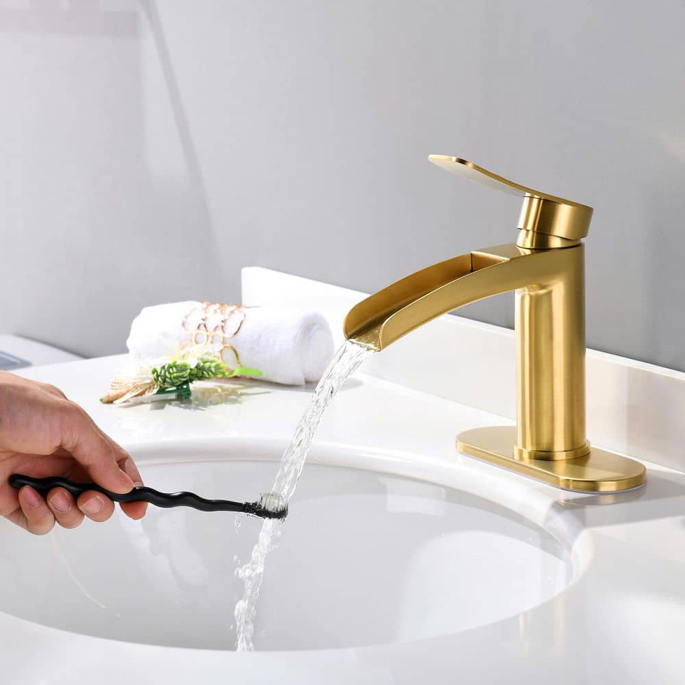Brushed Gold Single Handle Waterfall Bathroom Faucet with Deck Plate