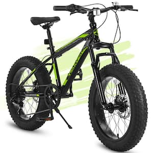 4 in. Fat Tire Black and Green 20 in. Bike, 7-Speed Snow Mountain Bike for Age 8-12