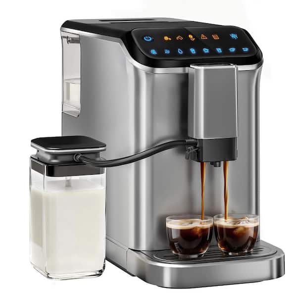 2-Cup Silver Fully Automatic Espresso Machine with 15-Grind Settings and Manual Milk Frothing