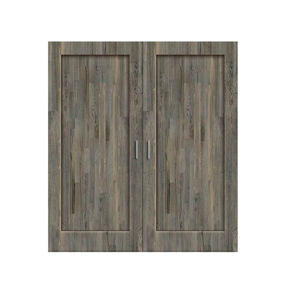 56 in. x 80 in. 1-Panel Hollow Core Weather Gray Finger Joint Wood Interior Double Door Slabs with Door Catch and Handle price history on PriceWatchPro