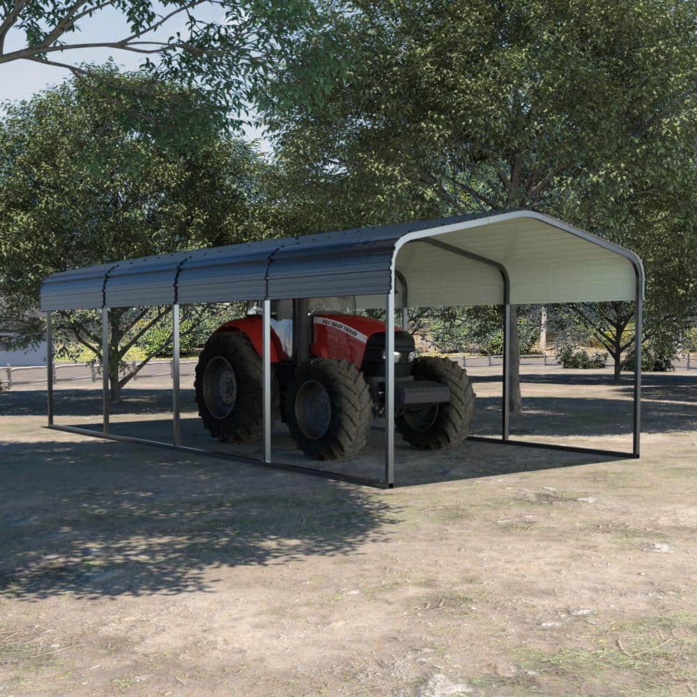 12' x 20' Gray Metal Carport with Peak Roof