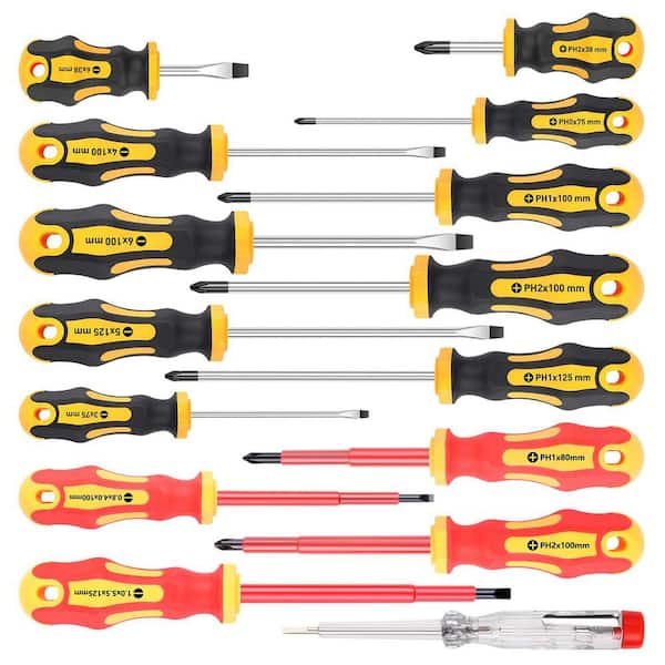 Magnetic Screwdrivers Set 15-Piece Insulated Cushion Grip Phillips Slotted Tips with Carry Case Red Hand Tool