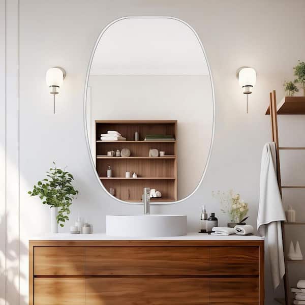 Sxiawe 24 in. W x 36 in. H Silver Oval Wall Mounted Aluminum Alloy Bathroom Mirror Decorative Mirror