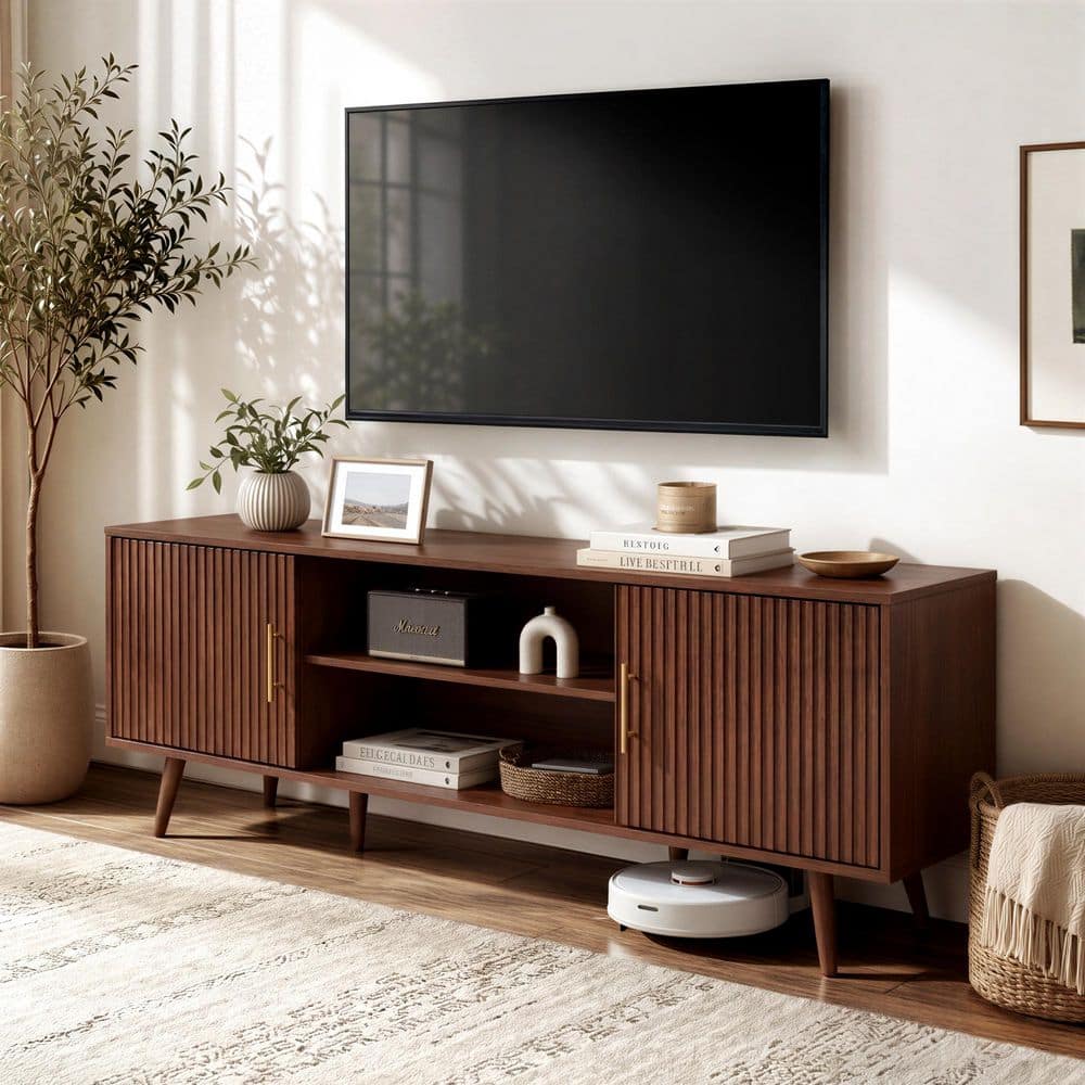 Modern 70 in. Dark Brown TV Stand with Fluted Doors and Adjustable Shelves for TVs up to 75 in. Living Room
