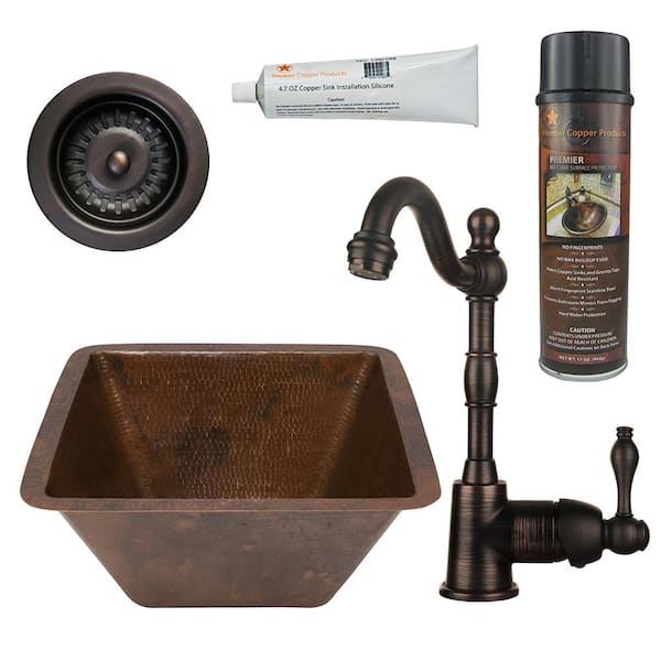 Premier Copper Products Bronze 16 Gauge Copper 15 in. Dual Mount Square Bar Sink with Faucet and 3.5 in. Strainer Drain
