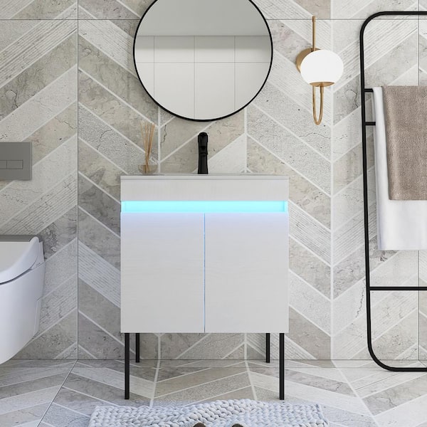 JimsMaison 24 in. W x 18 in. D x 32 in. H Single Sink Freestanding Bath Vanity in White with White Ceramic Top