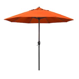 9 ft. Bronze Aluminum Market Auto-tilt Crank Lift Patio Umbrella in Melon Sunbrella