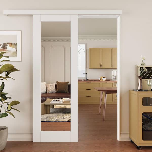 28 in. x 80 in. 1-Lite Full Length Mirrored Glass White Primed MDF Hidden Track Sliding Barn Door with Hardware Kit