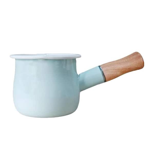 Mini Enamel Milk Pot 1 Piece Mint Green Enamel Nonstick Saucepan with Wooden Handle 2 Pour Spouts Induction Safe