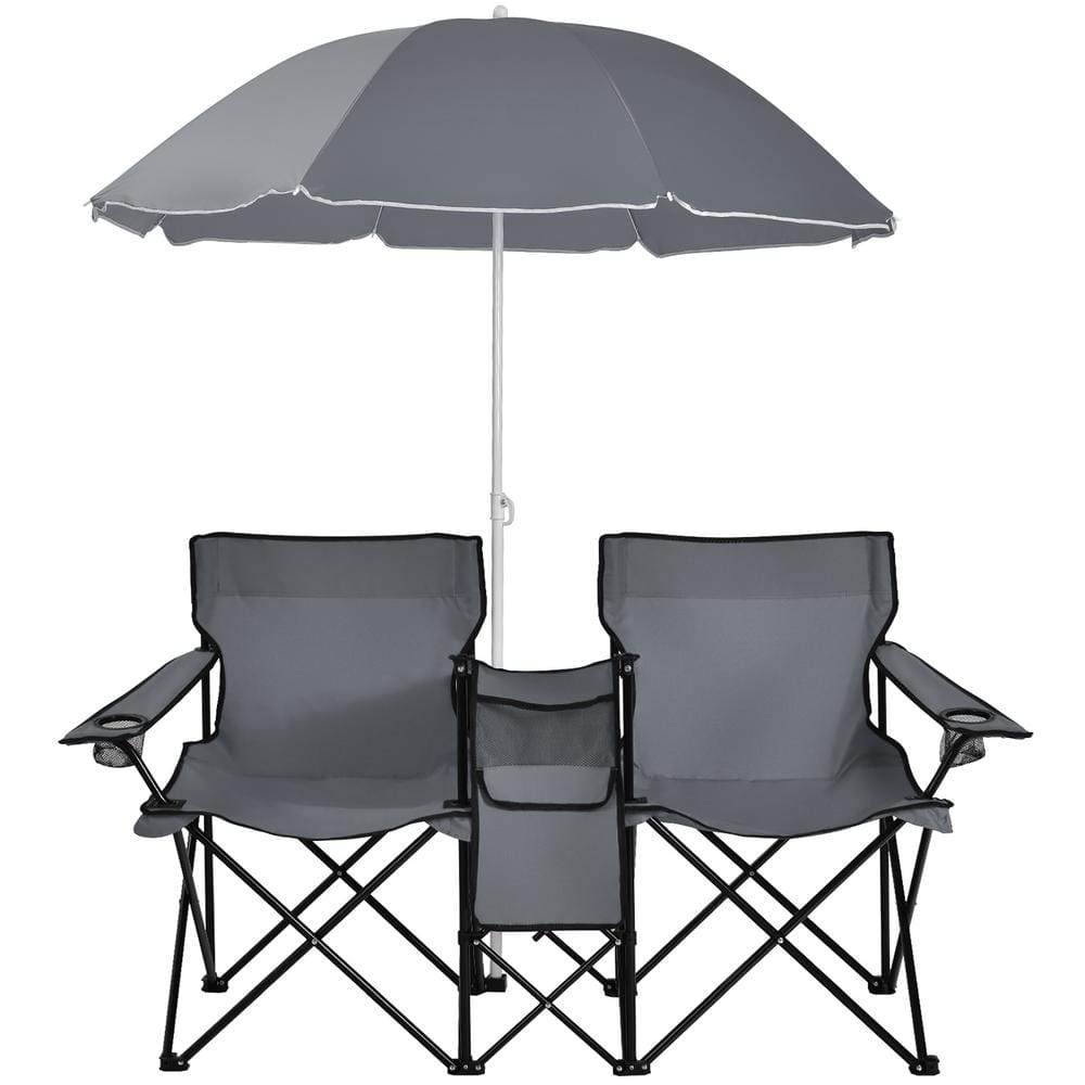 Gray Metal Picnic Double Chair With Umbrella Table