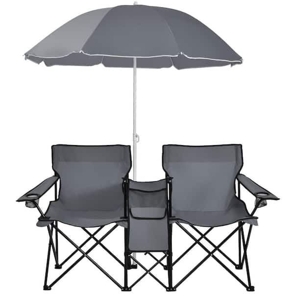 Portable Folding Gray Metal Picnic Double Chair With Umbrella Table Cooler Beach Camping