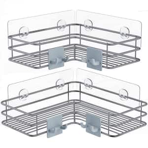 Wall Mount Adhesive Stainless Steel Corner Shower Caddy Shelf Basket Rack with Hooks in Silver (2-Pack)