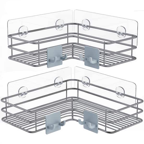Wall Mounted Bathroom Shower Caddies Stainless Steel Corner Storage Shelves  with 4 Hooks in Silver (2-Pack)