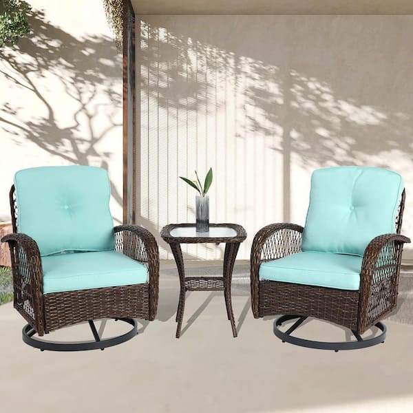 HOMEFUN 3-Piece Brown Wicker Outdoor Bistro Set Side Table and Swivel 360° Rotating Rocking Chairs with Blue Thick Cushion
