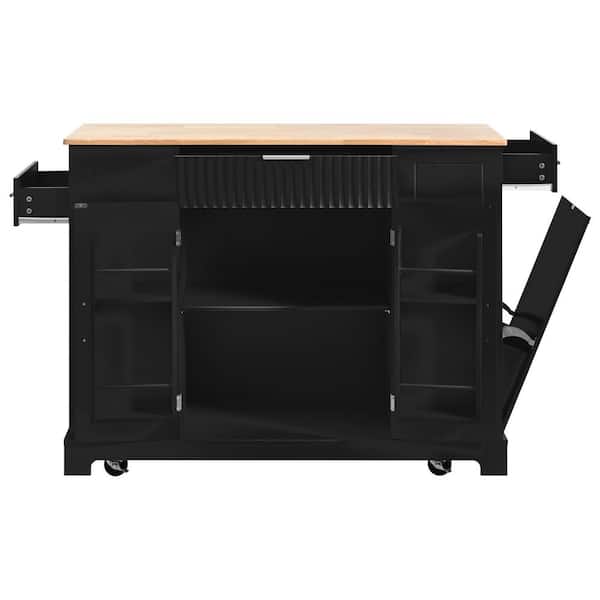 Black Rubber Wood Kitchen Cart with Trash Can Storage Cabinet, Power Outlet, Internal Storage Rack and 5 Wheels