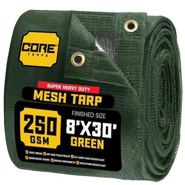 CORETARPS 8 ft. W x 30 ft. L Green 250 GSM 7.5 oz. Heavy Duty Mesh Tarp, UV Resistant