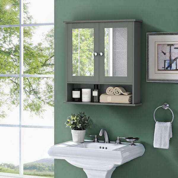 ANGELES HOME 22 in. W x 5 in. D x 23 in. H Gray Bathroom Wall Cabinet with 2 Mirrored Doors, Adjustable Shelf and Open Shelf
