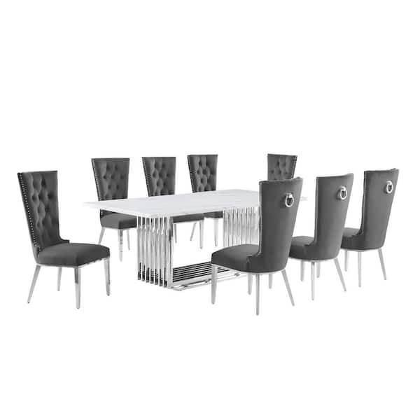 Best Quality Furniture Lisa 9-Piece Rectangular White Marble Top Stainless Steel Base Dining Set With 8-Dark Gray Velvet Fabric Chairs