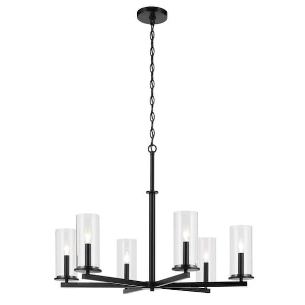 KICHLER Crosby 32.25 in. 6-Light Black Contemporary Candlestick Cylinder Chandelier for Dining Room