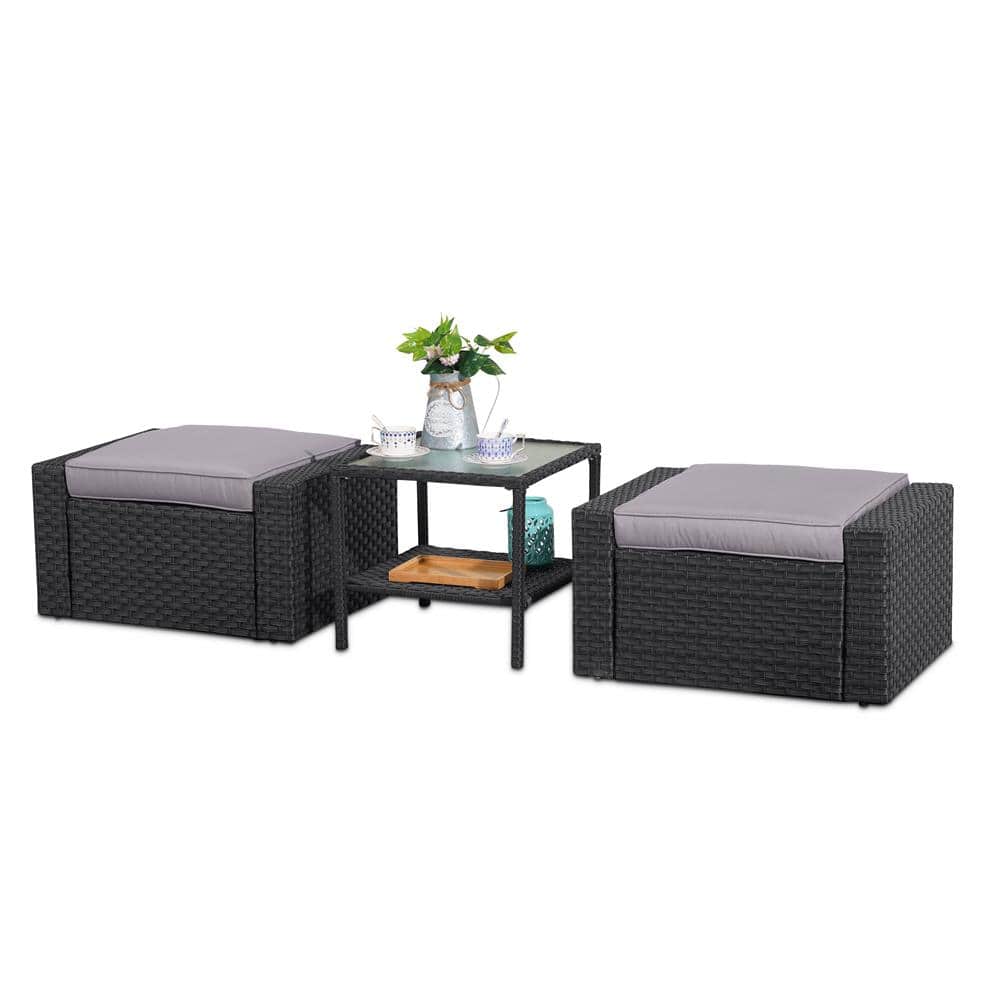 3-Pieces Wicker Patio Conversation Set, Footstools and Ottomans Small Furni
