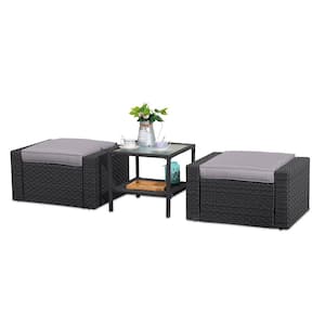 3-Pieces Wicker Patio Conversation Set, Footstools and Ottomans Small Furniture, With Coffee Table and Gray Cushions