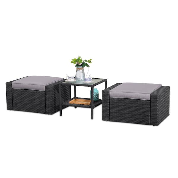 Unbranded 3-Pieces Wicker Patio Conversation Set, Footstools and Ottomans Small Furniture, With Coffee Table and Gray Cushions