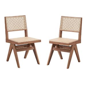 Natural Brown Wood Dining Chair with Woven Rattan (Set of 2)