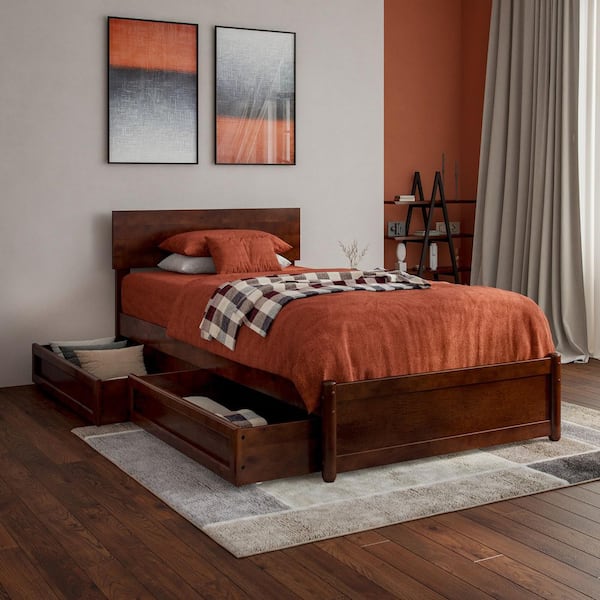 AFI Wesley Walnut Brown Solid Wood Frame Twin XL Platform Bed with Panel Footboard and Storage Drawers