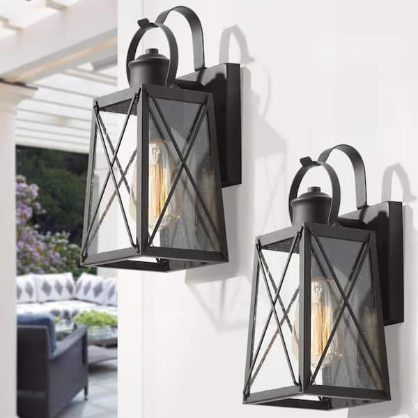 LNC Craftsman 1-Light Matte Black Outdoor Wall Lantern Sconce with Seeded Glass Shade (2-Pack)