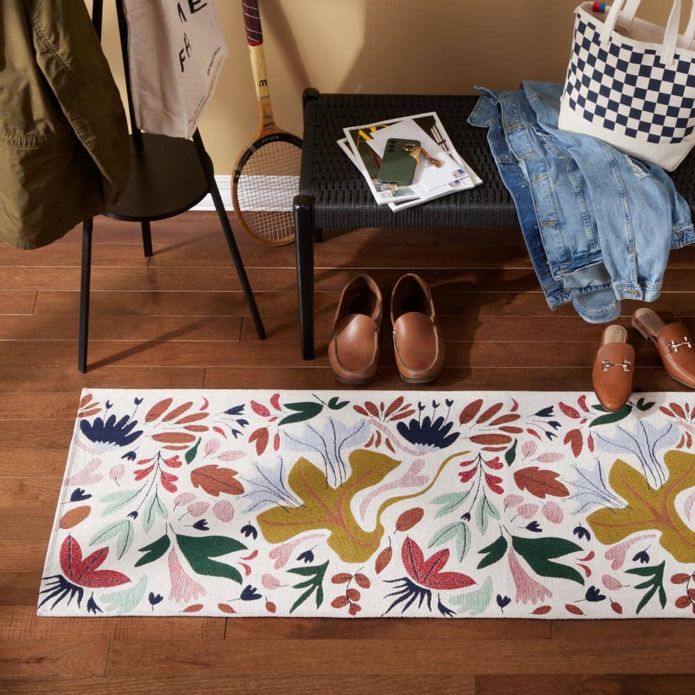 Cream Floral Synthetic Washable Non-Slip Decorative Rug, 24" x 72"