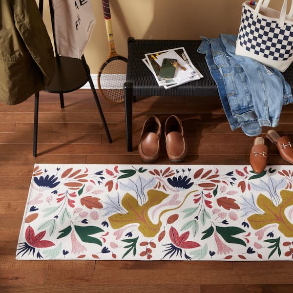 Luxe Livie Floral Drip Cream 24 in. x 72 in. Machine Washable Runner Kitchen Mat