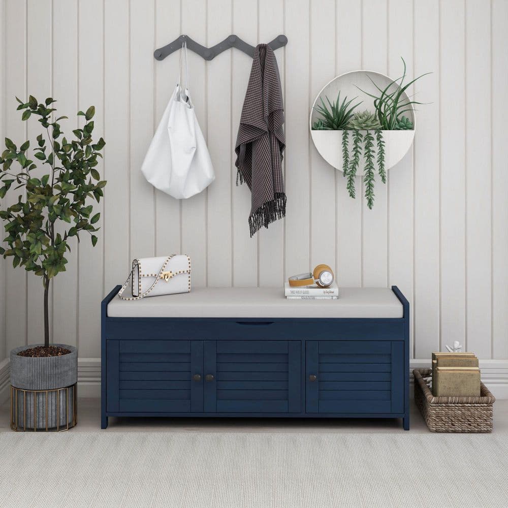 Navy Blue 43.5 in. Bedroom Bench with 3-Doors