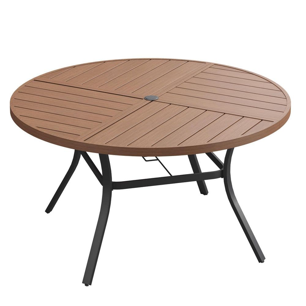 53.1 in. Walnut Round Metal Outdoor Dining Table with Umbrella Hole for Patio Garden price history on PriceWatchPro