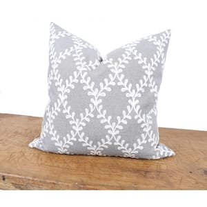 20 in. x 20 in. Piluki Leaf Crewel Embroidered Throw Pillow with Feather Insert, Gray