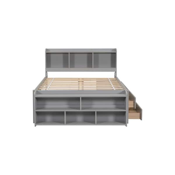 Gray Wood Frame Full Size Platform Bed with Bookcase Headboard, under Bed Storage Drawers and Bed End Storage Case