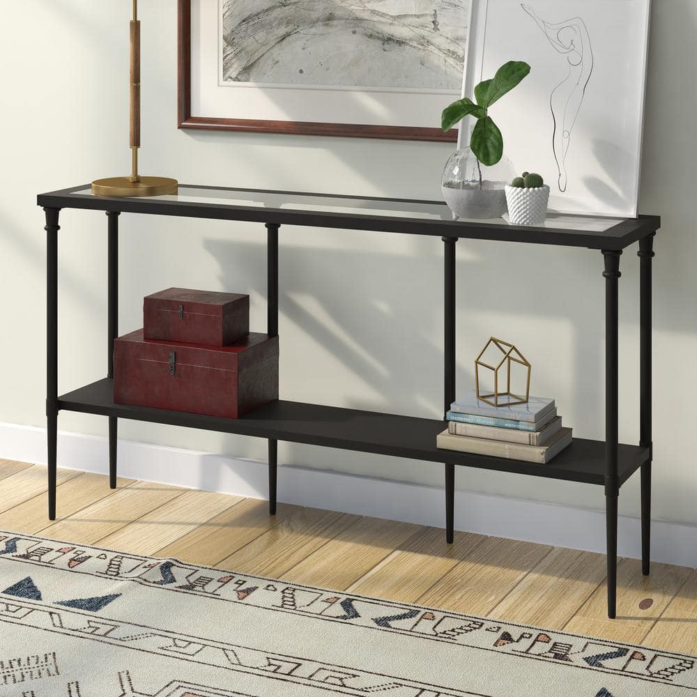 Blackened Bronze 55" Steel and Glass Console Table with Shelf