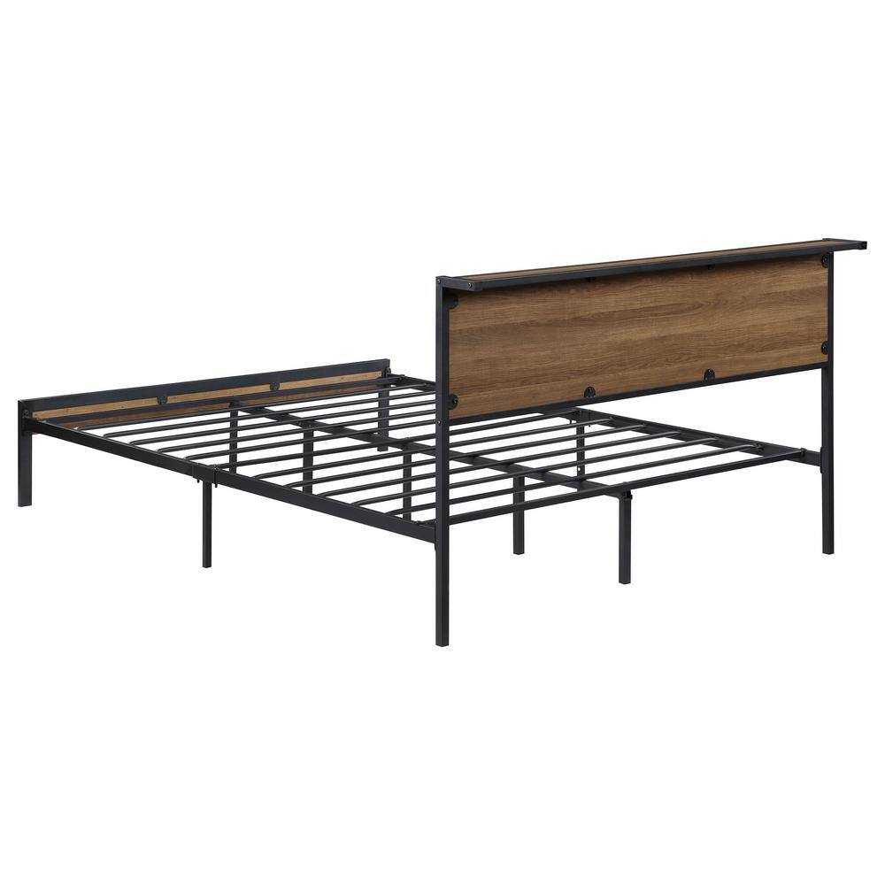 Industrial Queen Metal Bed with Oak Headboard