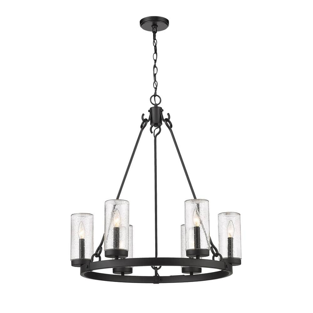 Marlow 6-Light Matte Black Outdoor Pendant with Seedy Glass Shade 589 ...