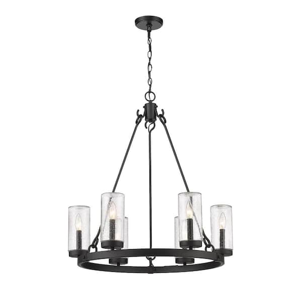 Unbranded Marlow 6-Light Matte Black Outdoor Pendant with Seedy Glass Shade