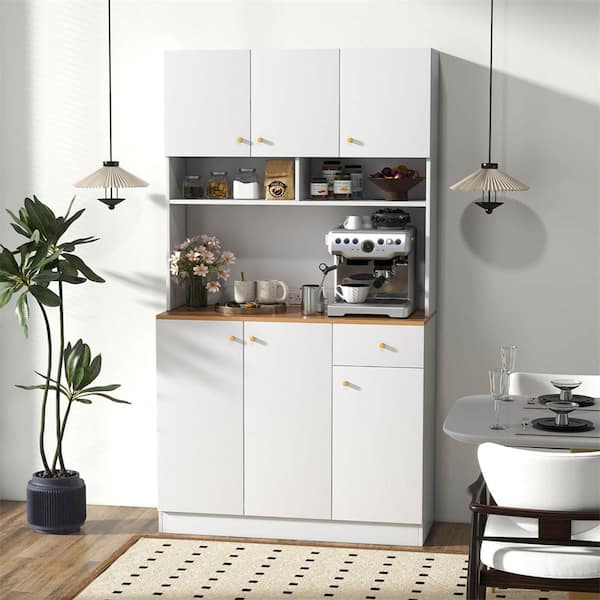 Costway White Wood 39.5 in. Pantry Cabinet with Outlets USB Ports Anti-Tipping Kits Adjustable Shelves