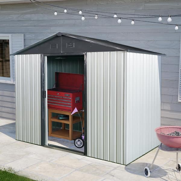 8 ft. W x 4 ft. D White and Black Outdoor Metal Storage Shed with Sliding Door and Metal Foundation (32 Sq. Ft.)