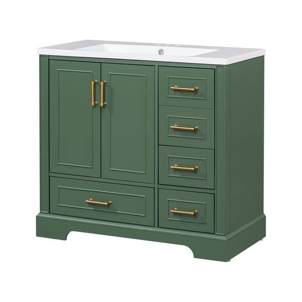 Cesicia 36 in. W x 18 in. D x 34 in. H Single Sink Bath Vanity in Green with White Resin Top, 2-Doors and 4-Drawers