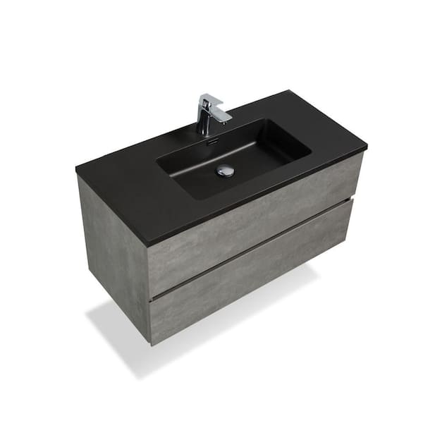 Modland Yunus 35.37 in. W x 18.87 in. D x 19.62 in. H Single-Sink Floating Bath Vanity in Gray with Black Quartz Sand Top