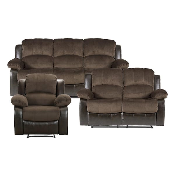 Bianca 83 in. W. Pillow Top Arm Textured Fabric Rectangle 3-Piece Manual Reclining Sofa Set in Chocolate