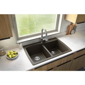 Drop-In Quartz Composite 34 in. 1-Hole 50/50 Double Bowl Kitchen Sink in Brown