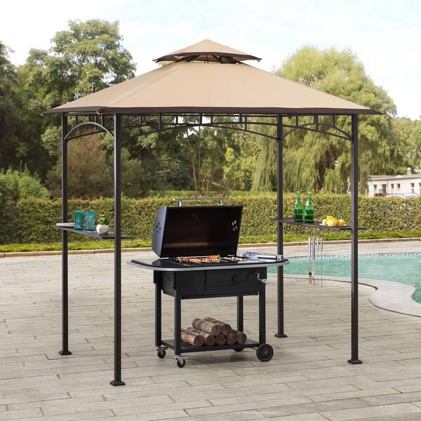 Sunjoy Deering 5 Ft X 8 Ft Brown Steel 2 Tier Grill Gazebo With Tan And Brown Canopy 169155 The Home Depot