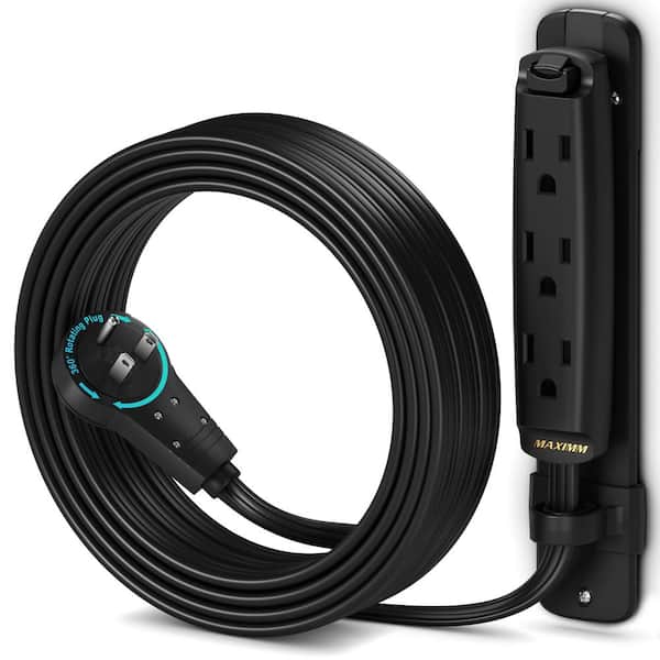 MAXIMM 10 ft. 16/3 Light Duty Indoor Extension Cord 360° Rotating Flat Plug 1-Sided with Loop and Bracket, Black