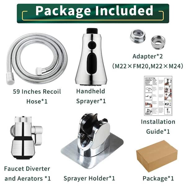 3.34 in. H x 1.9 in. W x 1.9 in. D Sink Faucet Sprayer Set with 59 in. Hose, Water Saving Aerator and Diverter Valve