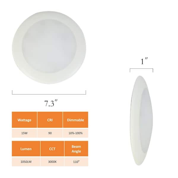 7.3 in. Modern Round Matte White Integrated LED Flush Mount Ceiling Light 3000K Bright White Dimmable Disk Light
